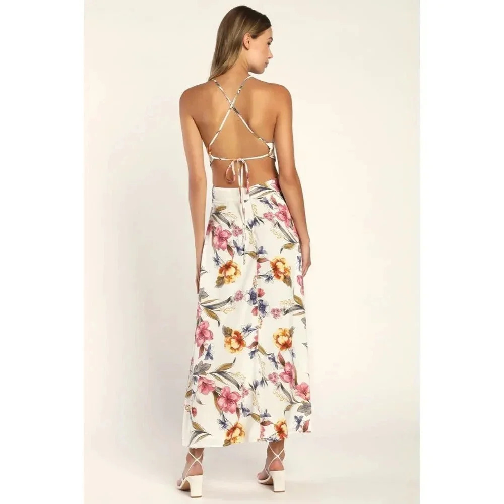 NWT Lulus Blossoming Hours Ivory Floral Keyhole Backless Halter Maxi Dress-sz Me - Picture 4 of 11